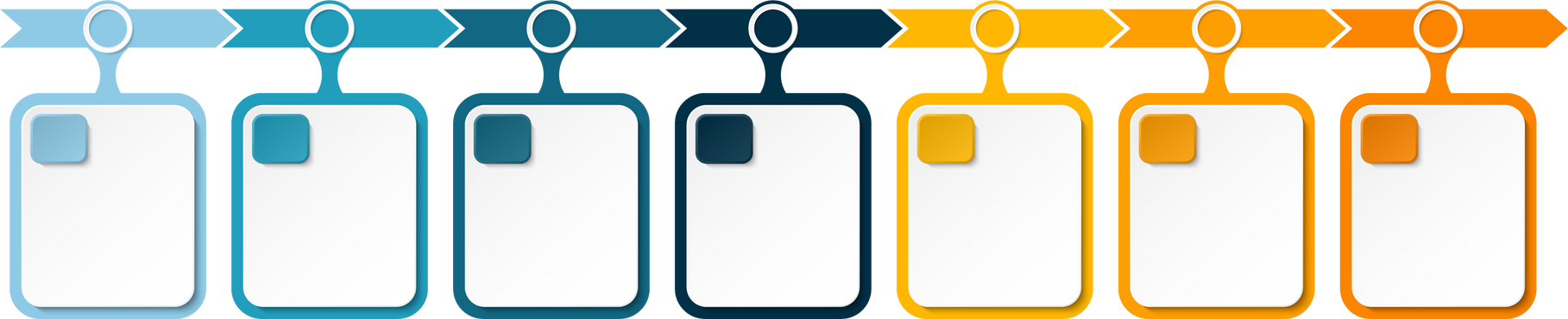 Horizontal timeline or flowchart with seven square elements and space for data. Concept of 7 successive steps of company process.